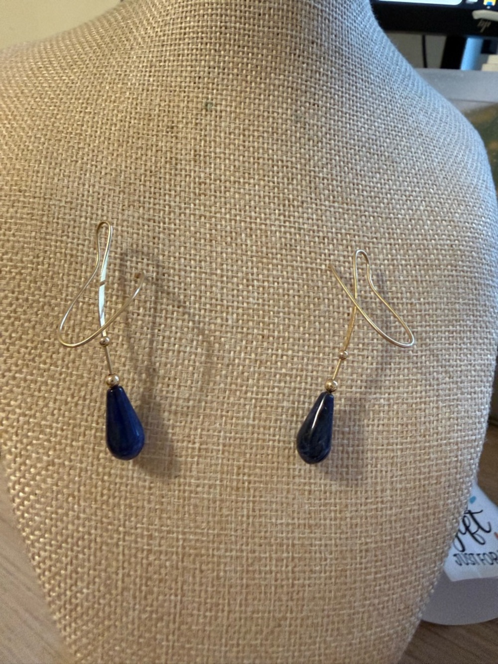 Gold Drop Earrings with Deep Blue Teardrop Stones